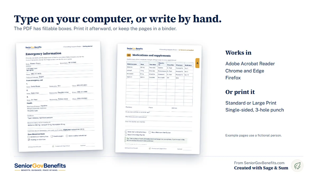 Two example pages filled in on screen for a fictional person