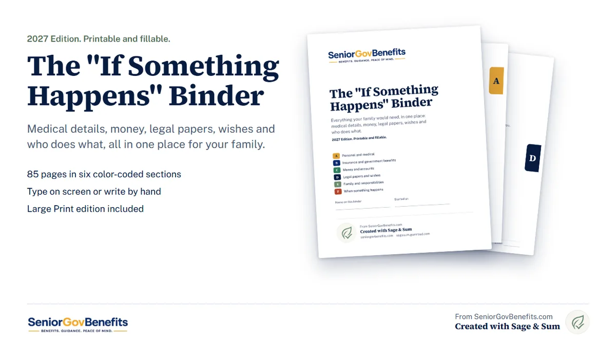 The If Something Happens Binder cover with section dividers, from SeniorGovBenefits.com, created with Sage and Sum