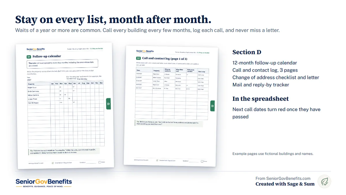 The 12-month follow-up calendar and call log filled in for fictional buildings
