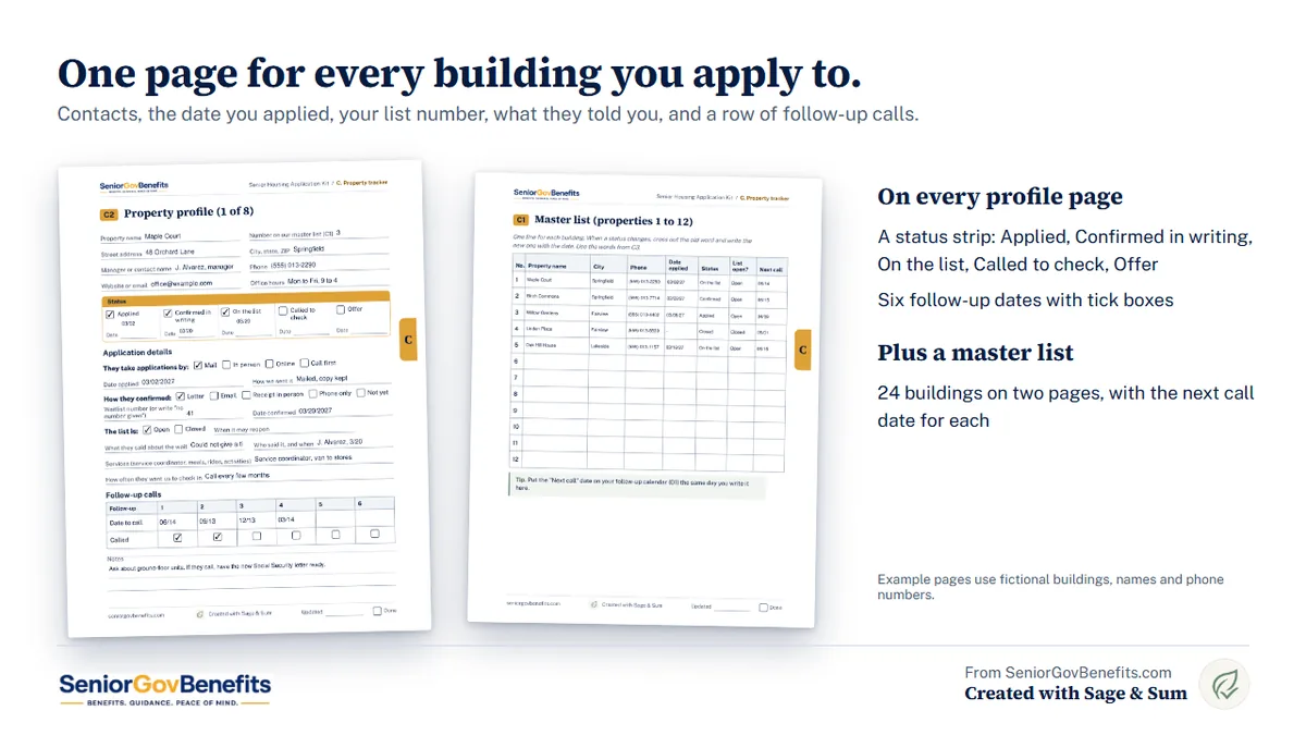 A property page and the master list filled in for fictional buildings