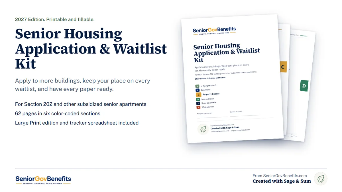 The Senior Housing Application and Waitlist Kit cover with section dividers, from SeniorGovBenefits.com, created with Sage and Sum