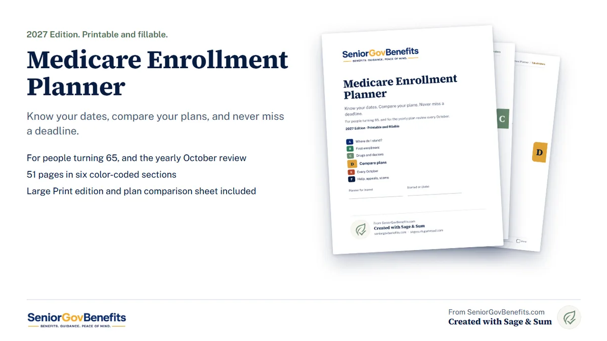 The Medicare Enrollment Planner cover with section dividers, from SeniorGovBenefits.com, created with Sage and Sum