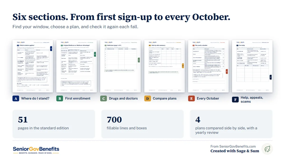 Six color-coded sections of the planner with a page from each